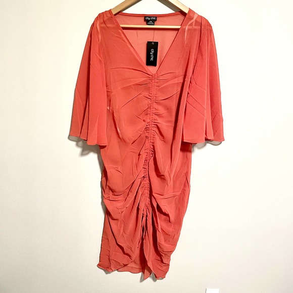 City Chic Drawn Up Ruched Red Chiffon Dress BRAND NEW Semi Sheer Size 16 - Picture 5 of 6